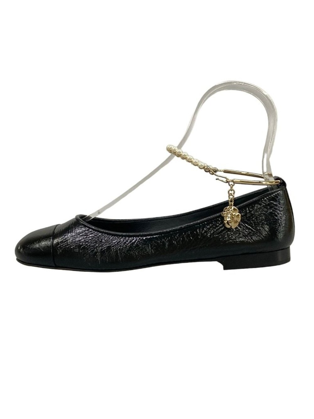 Chanel Flat Shoes 38 C Black Gold Faux Pearl Camellia Leather